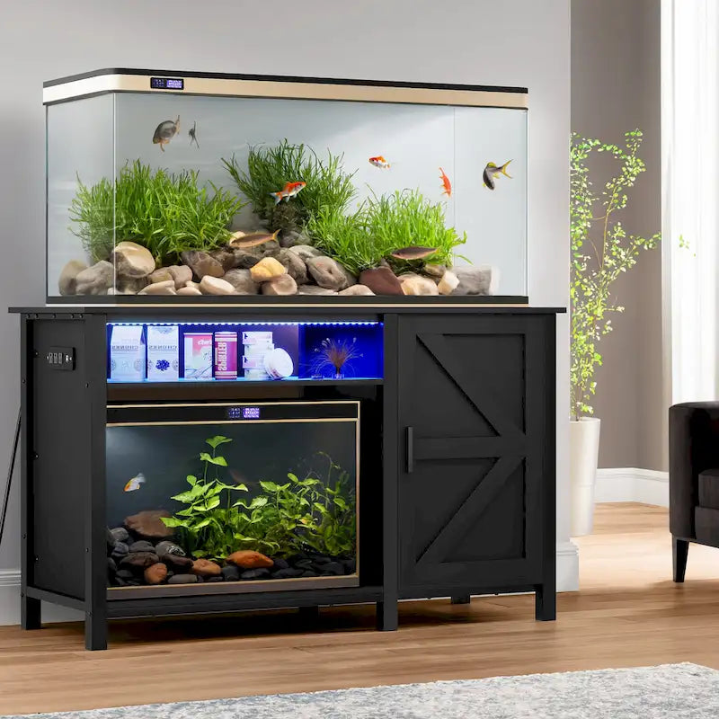 Meuble d'aquarium noir avec porte de grange et bandeau lumineux RVB, 208-284 litres, installation simple