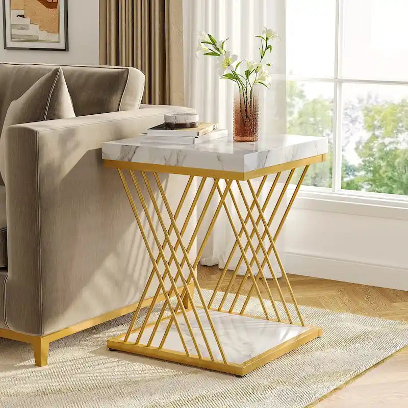 Table d'appoint carrée de style Mid-Century en faux marbre blanc+doré / gris+noir avec base en métal en X