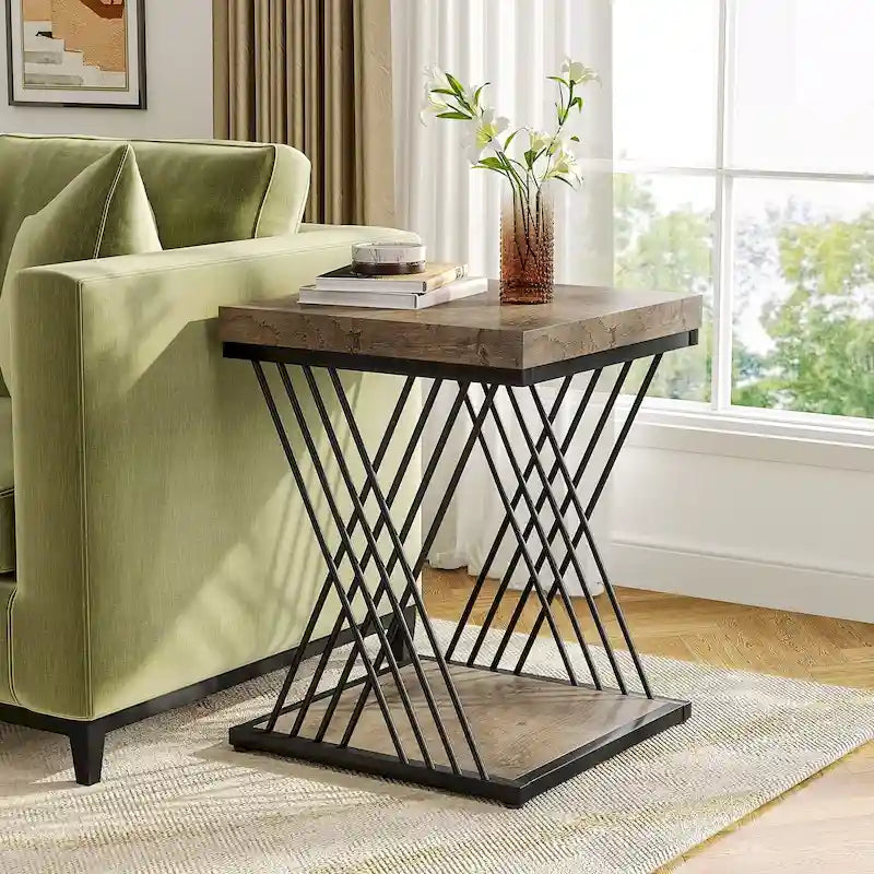 Table d'appoint carrée de style Mid-Century en faux marbre blanc+doré / gris+noir avec base en métal en X