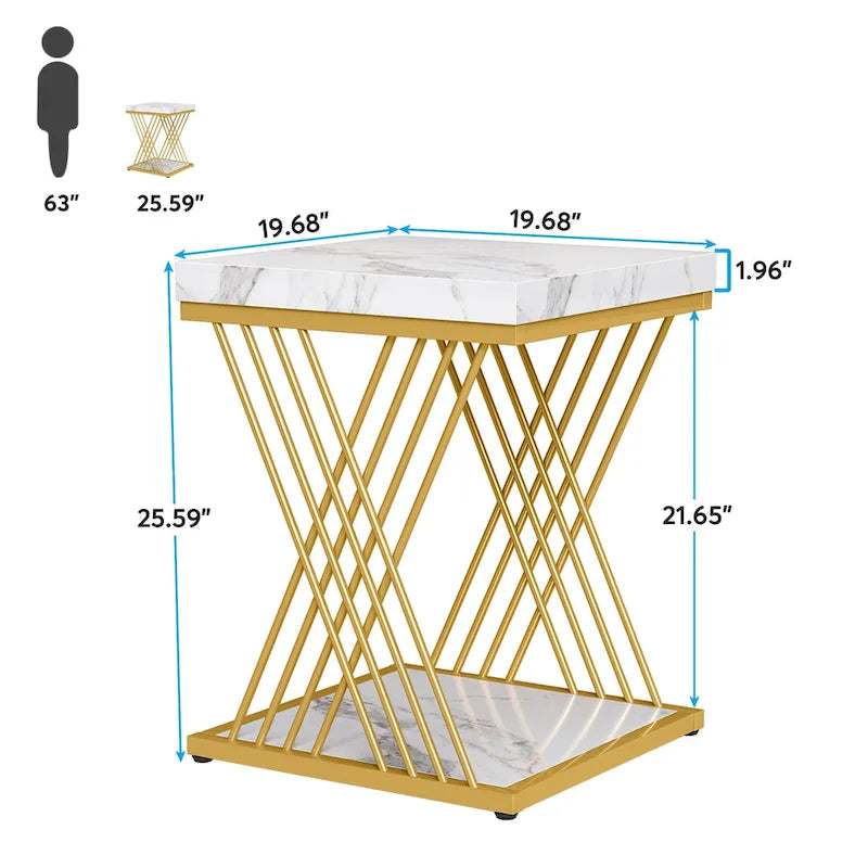Table d'appoint carrée de style Mid-Century en faux marbre blanc+doré / gris+noir avec base en métal en X
