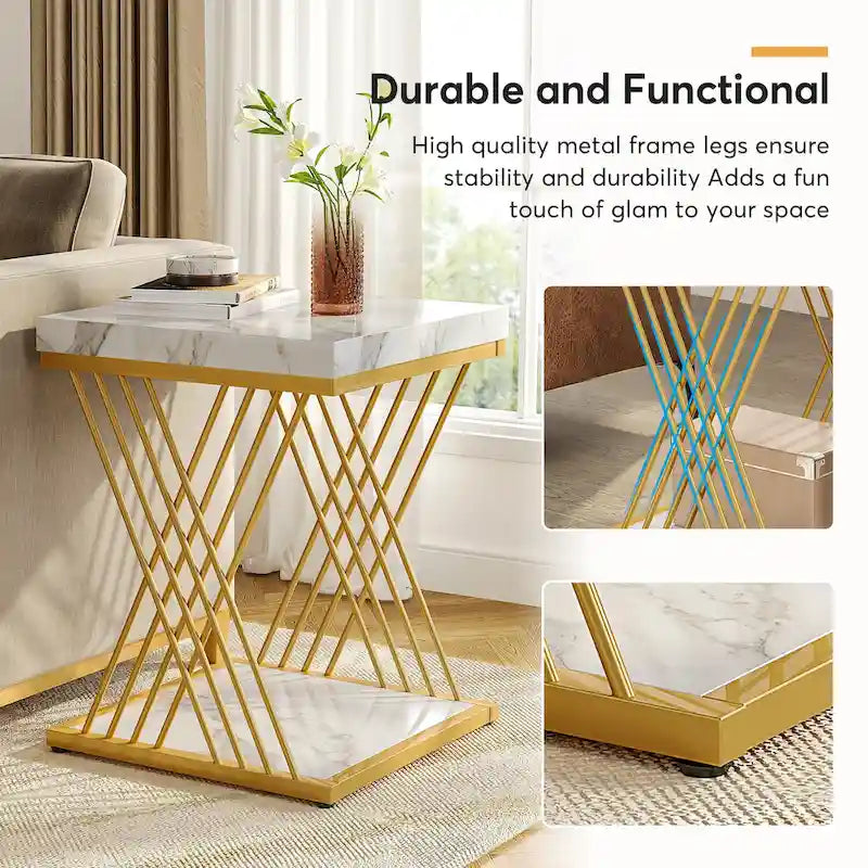 Table d'appoint carrée de style Mid-Century en faux marbre blanc+doré / gris+noir avec base en métal en X