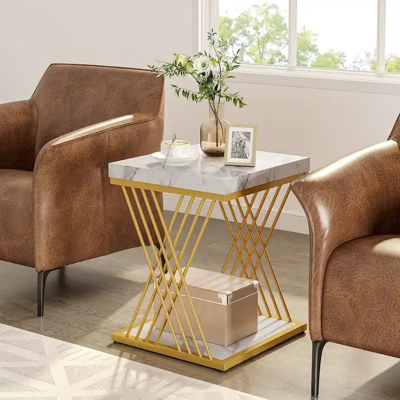 Table d'appoint carrée de style Mid-Century en faux marbre blanc+doré / gris+noir avec base en métal en X