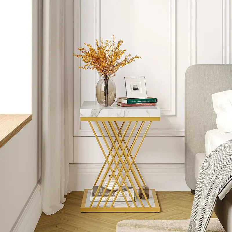 Table d'appoint carrée de style Mid-Century en faux marbre blanc+doré / gris+noir avec base en métal en X