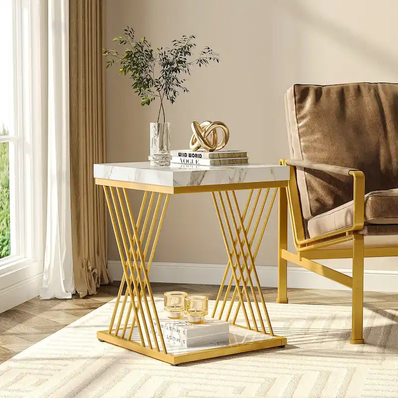 Table d'appoint carrée de style Mid-Century en faux marbre blanc+doré / gris+noir avec base en métal en X