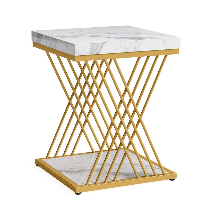 Table d'appoint carrée de style Mid-Century en faux marbre blanc+doré / gris+noir avec base en métal en X