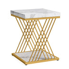 Table d'appoint carrée de style Mid-Century en faux marbre blanc+doré / gris+noir avec base en métal en X
