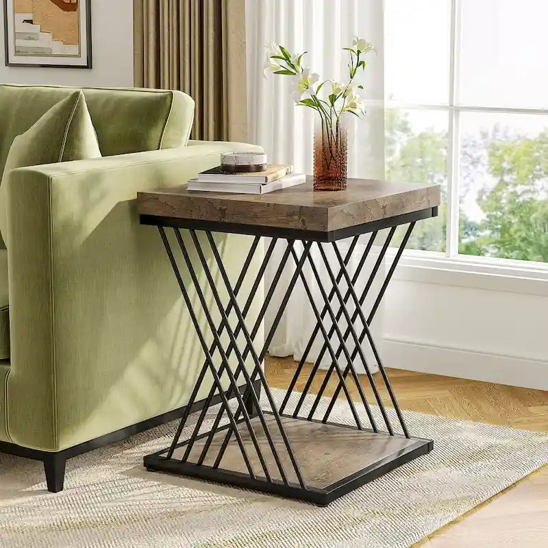 Table d'appoint carrée de style Mid-Century en faux marbre blanc+doré / gris+noir avec base en métal en X