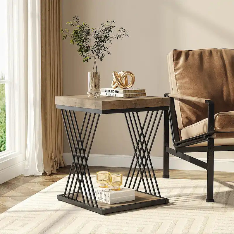 Table d'appoint carrée de style Mid-Century en faux marbre blanc+doré / gris+noir avec base en métal en X