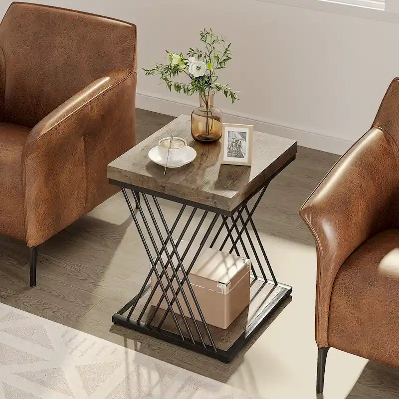 Table d'appoint carrée de style Mid-Century en faux marbre blanc+doré / gris+noir avec base en métal en X