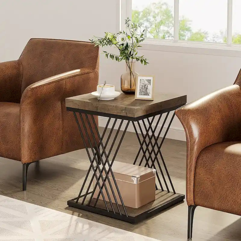 Table d'appoint carrée de style Mid-Century en faux marbre blanc+doré / gris+noir avec base en métal en X