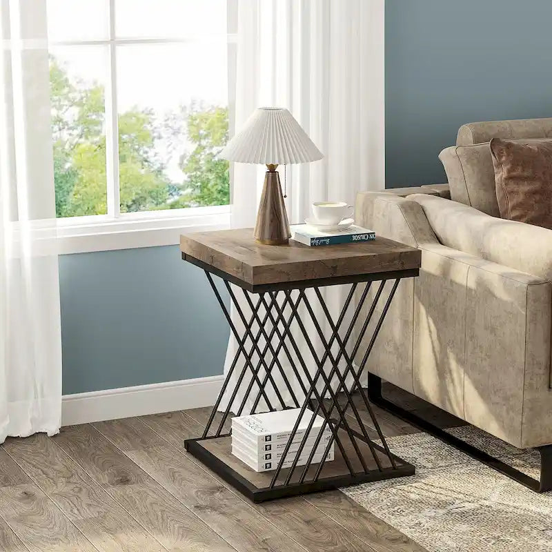 Table d'appoint carrée de style Mid-Century en faux marbre blanc+doré / gris+noir avec base en métal en X