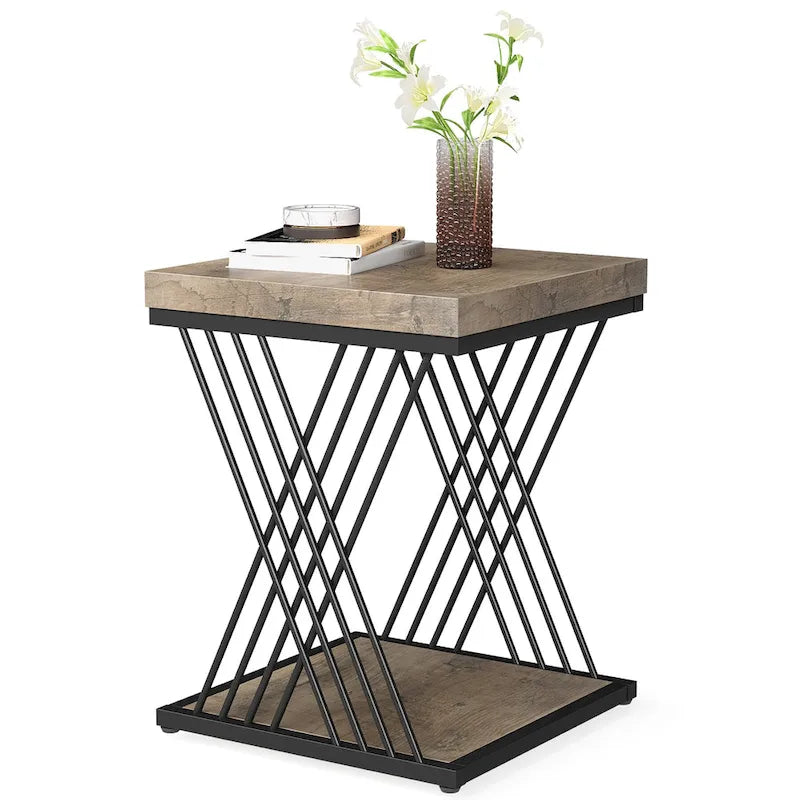Table d'appoint carrée de style Mid-Century en faux marbre blanc+doré / gris+noir avec base en métal en X