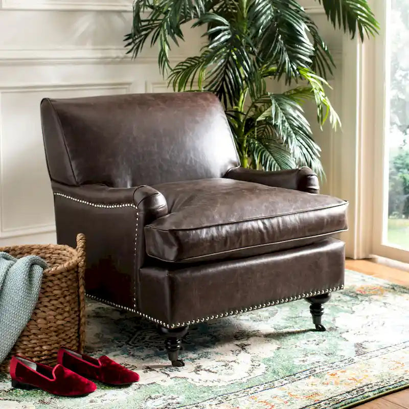 Fauteuil club en lin de transition avec garniture cloutée et pieds à roulettes, simple — Émeraude / Marron / Or / Noir et blanc / Rose poudré / Marine