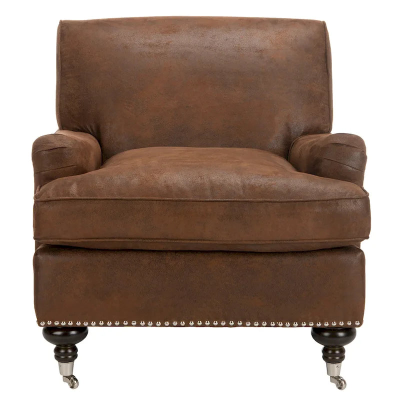 Fauteuil club en lin de transition avec garniture cloutée et pieds à roulettes, simple — Émeraude / Marron / Or / Noir et blanc / Rose poudré / Marine