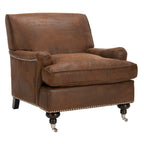 Fauteuil club en lin de transition avec garniture cloutée et pieds à roulettes, simple — Émeraude / Marron / Or / Noir et blanc / Rose poudré / Marine