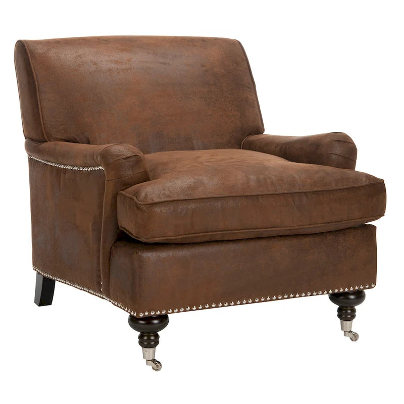 Fauteuil club en lin de transition avec garniture cloutée et pieds à roulettes, simple — Émeraude / Marron / Or / Noir et blanc / Rose poudré / Marine