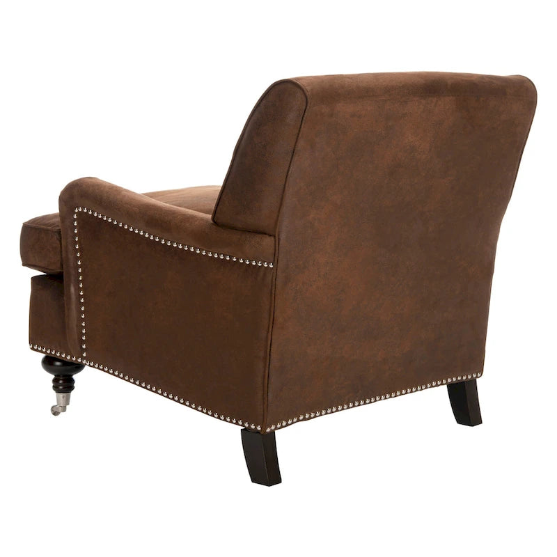 Fauteuil club en lin de transition avec garniture cloutée et pieds à roulettes, simple — Émeraude / Marron / Or / Noir et blanc / Rose poudré / Marine