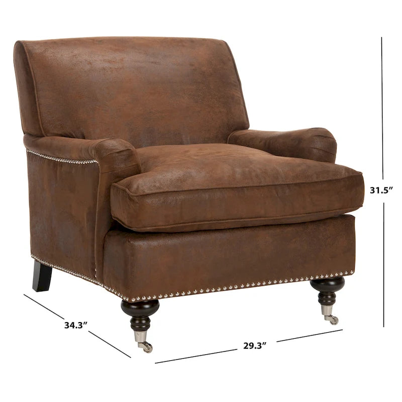 Fauteuil club en lin de transition avec garniture cloutée et pieds à roulettes, simple — Émeraude / Marron / Or / Noir et blanc / Rose poudré / Marine