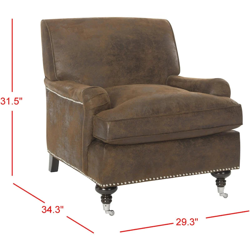 Fauteuil club en lin de transition avec garniture cloutée et pieds à roulettes, simple — Émeraude / Marron / Or / Noir et blanc / Rose poudré / Marine