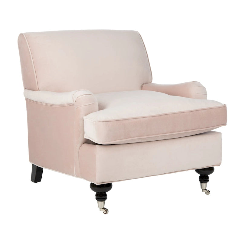 Fauteuil club en lin de transition avec garniture cloutée et pieds à roulettes, simple — Émeraude / Marron / Or / Noir et blanc / Rose poudré / Marine