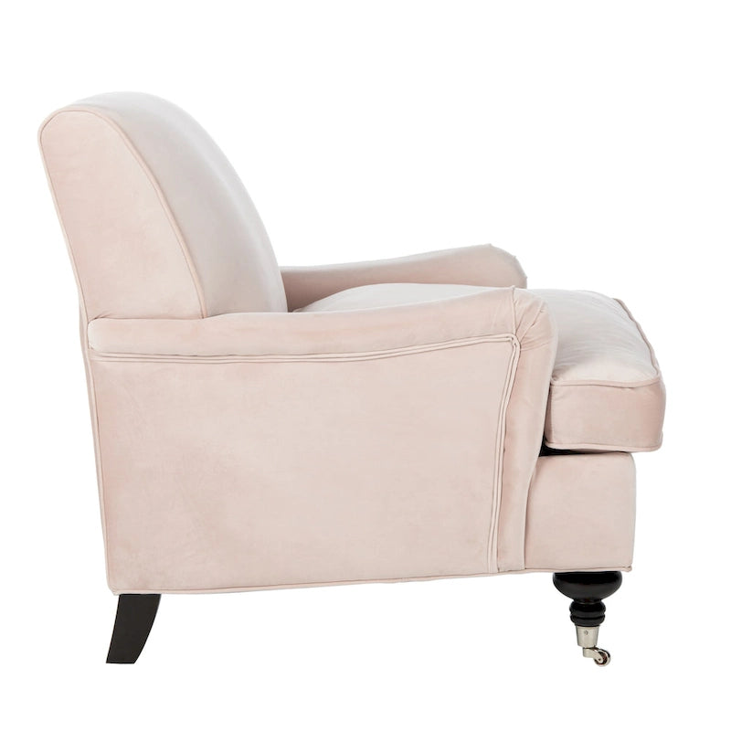 Fauteuil club en lin de transition avec garniture cloutée et pieds à roulettes, simple — Émeraude / Marron / Or / Noir et blanc / Rose poudré / Marine