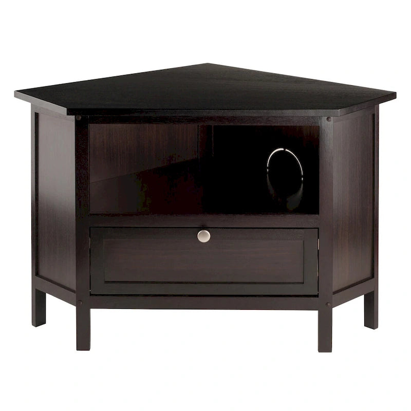 Meuble TV Espresso Corner avec étagère ouverte et porte abattante, pour TV jusqu'à 27"