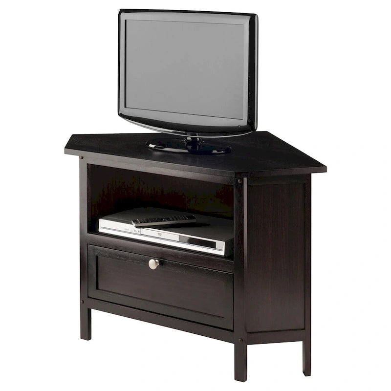 Meuble TV Espresso Corner avec étagère ouverte et porte abattante, pour TV jusqu'à 27"