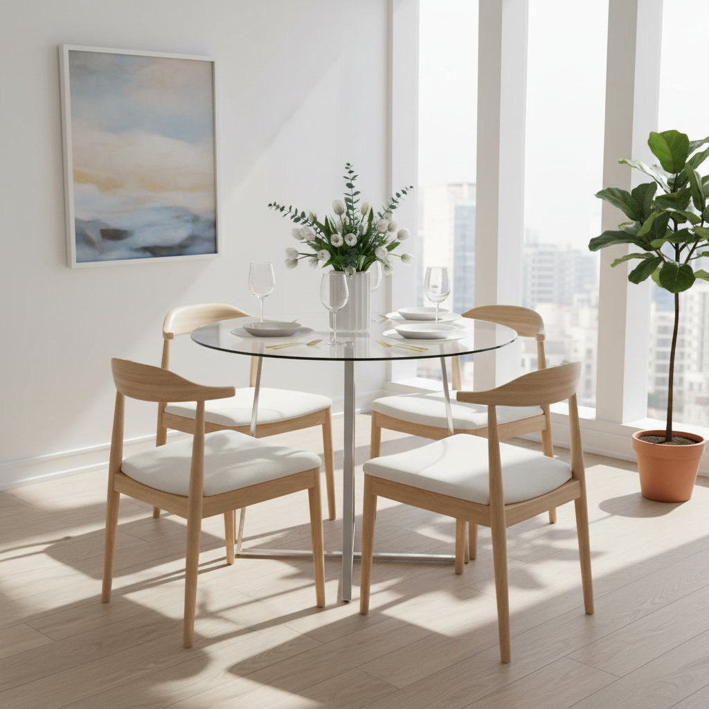 Table à manger ronde contemporaine en verre trempé, transparent / chrome, piètement géométrique, pour 4 personnes