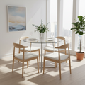 Table à manger ronde contemporaine en verre trempé, transparent / chrome, piètement géométrique, pour 4 personnes