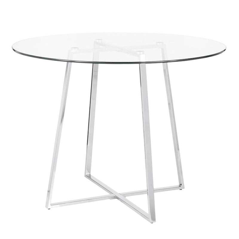 Table à manger ronde contemporaine en verre trempé, transparent / chrome, piètement géométrique, pour 4 personnes