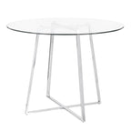 Table à manger ronde contemporaine en verre trempé, transparent / chrome, piètement géométrique, pour 4 personnes