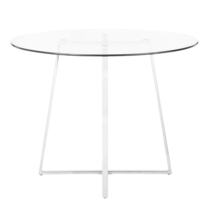 Table à manger ronde contemporaine en verre trempé, transparent / chrome, piètement géométrique, pour 4 personnes