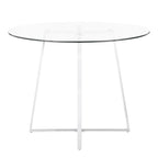 Table à manger ronde contemporaine en verre trempé, transparent / chrome, piètement géométrique, pour 4 personnes