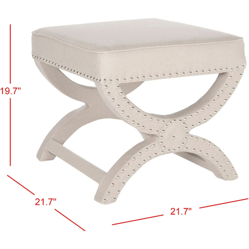 Banc ottoman en lin en forme de X avec bordure cloutée, simple — Taupe / Rose poudré / Prune / Gris / Bleu / Crème / Jaune