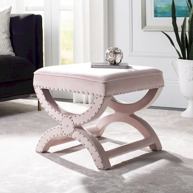 Banc ottoman en lin en forme de X avec bordure cloutée, simple — Taupe / Rose poudré / Prune / Gris / Bleu / Crème / Jaune
