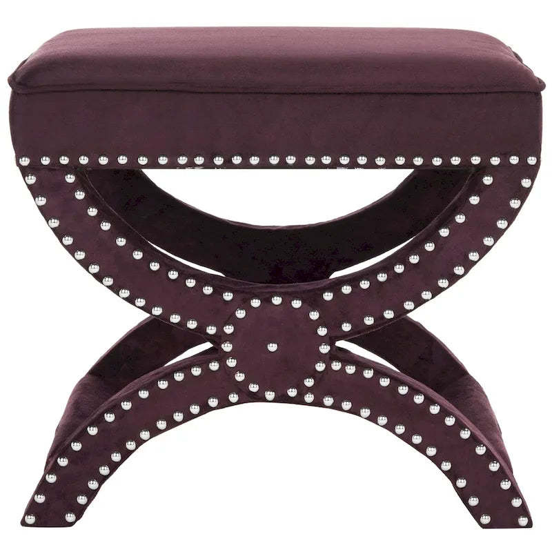 Banc ottoman en lin en forme de X avec bordure cloutée, simple — Taupe / Rose poudré / Prune / Gris / Bleu / Crème / Jaune