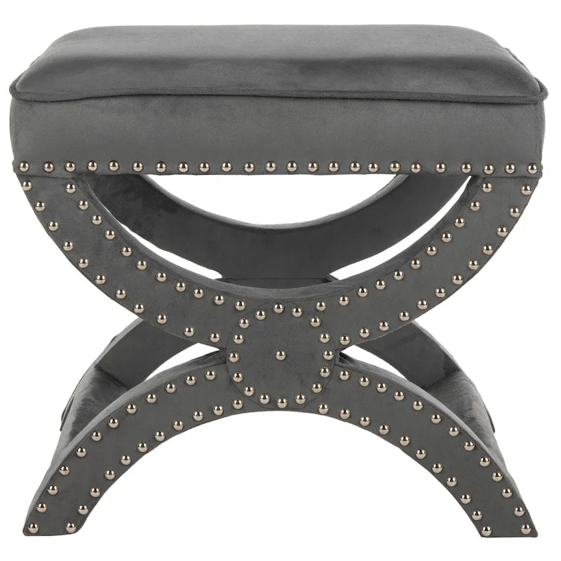 Banc ottoman en lin en forme de X avec bordure cloutée, simple — Taupe / Rose poudré / Prune / Gris / Bleu / Crème / Jaune