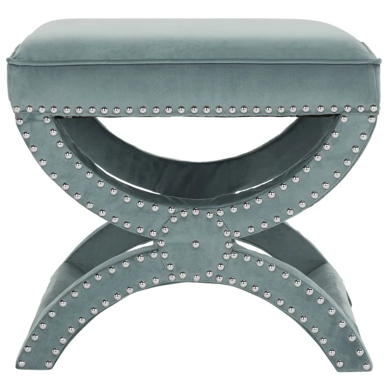 Banc ottoman en lin en forme de X avec bordure cloutée, simple — Taupe / Rose poudré / Prune / Gris / Bleu / Crème / Jaune