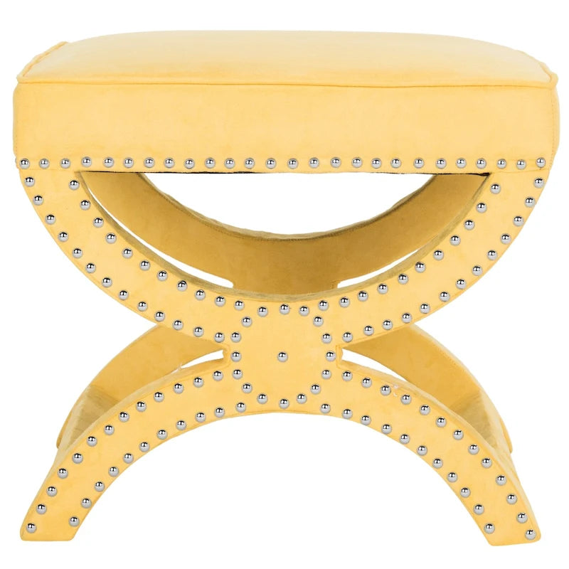 Banc ottoman en lin en forme de X avec bordure cloutée, simple — Taupe / Rose poudré / Prune / Gris / Bleu / Crème / Jaune