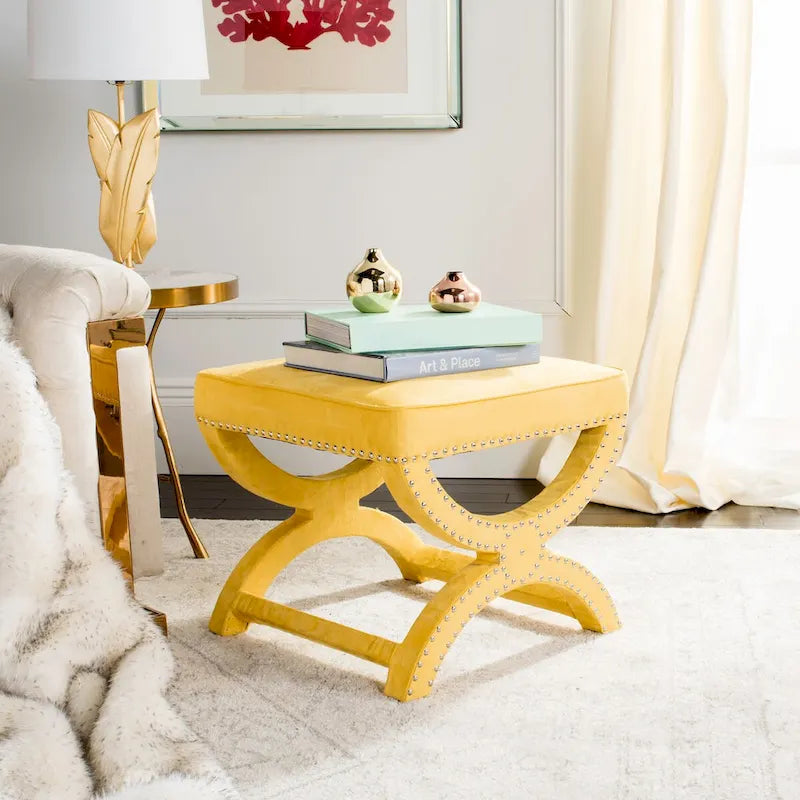 Banc ottoman en lin en forme de X avec bordure cloutée, simple — Taupe / Rose poudré / Prune / Gris / Bleu / Crème / Jaune