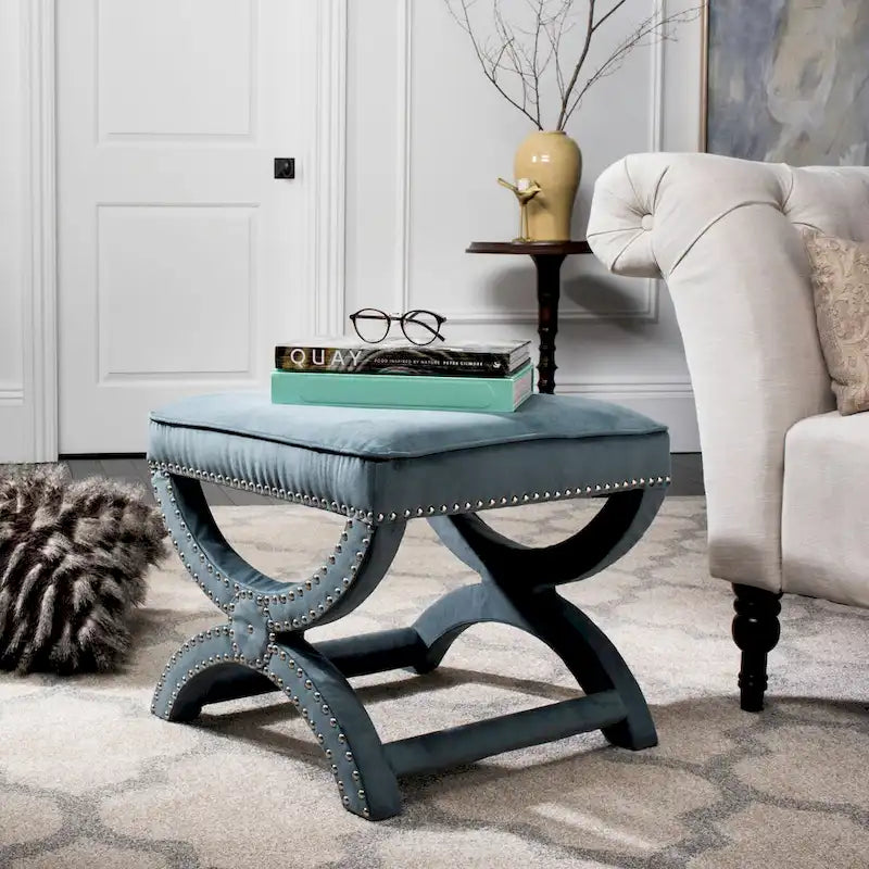 Banc ottoman en lin en forme de X avec bordure cloutée, simple — Taupe / Rose poudré / Prune / Gris / Bleu / Crème / Jaune
