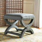 Banc ottoman en lin en forme de X avec bordure cloutée, simple — Taupe / Rose poudré / Prune / Gris / Bleu / Crème / Jaune