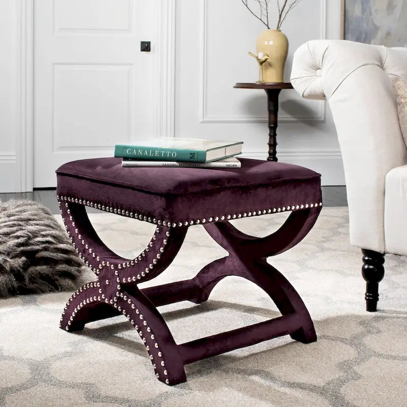 Banc ottoman en lin en forme de X avec bordure cloutée, simple — Taupe / Rose poudré / Prune / Gris / Bleu / Crème / Jaune