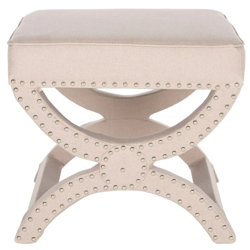 Banc ottoman en lin en forme de X avec bordure cloutée, simple — Taupe / Rose poudré / Prune / Gris / Bleu / Crème / Jaune