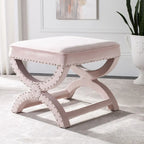 Banc ottoman en lin en forme de X avec bordure cloutée, simple — Taupe / Rose poudré / Prune / Gris / Bleu / Crème / Jaune