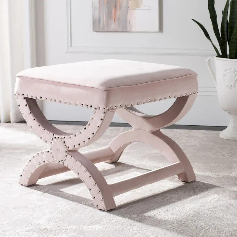 Banc ottoman en lin en forme de X avec bordure cloutée, simple — Taupe / Rose poudré / Prune / Gris / Bleu / Crème / Jaune