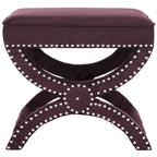 Banc ottoman en lin en forme de X avec bordure cloutée, simple — Taupe / Rose poudré / Prune / Gris / Bleu / Crème / Jaune
