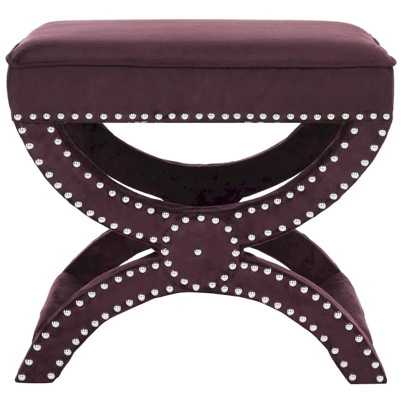 Banc ottoman en lin en forme de X avec bordure cloutée, simple — Taupe / Rose poudré / Prune / Gris / Bleu / Crème / Jaune