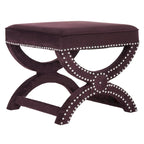 Banc ottoman en lin en forme de X avec bordure cloutée, simple — Taupe / Rose poudré / Prune / Gris / Bleu / Crème / Jaune