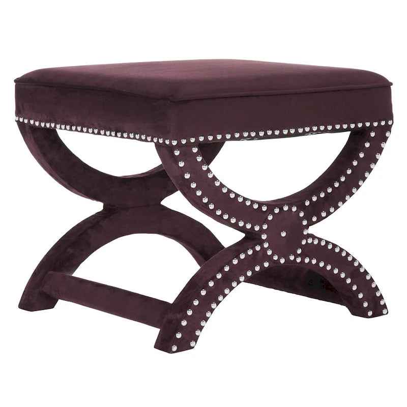 Banc ottoman en lin en forme de X avec bordure cloutée, simple — Taupe / Rose poudré / Prune / Gris / Bleu / Crème / Jaune